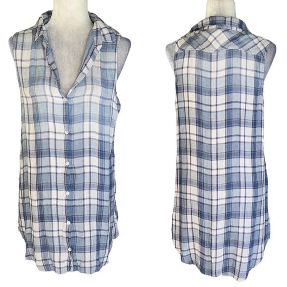 Anthropologie Cloth & Stone Blue Plaid Sleeveless Button Front Shirt Dress - S - Picture 1 of 12